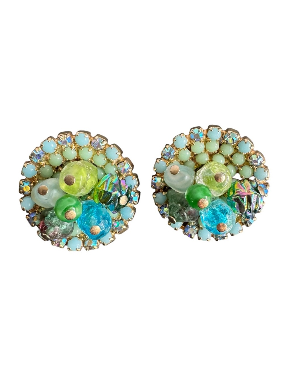 Vintage Alice Caviness Earrings Clip-On Fruit Salad Beaded AB Crystal Signed